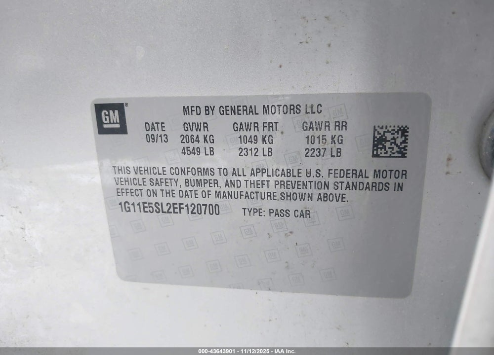 2014 CHEVROLET MALIBU 2LT VIN: 1G11E5SL2EF120700