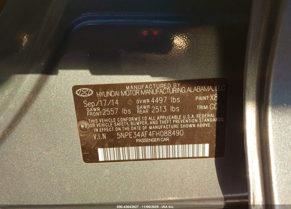 2015 HYUNDAI SONATA SPORT VIN: 5NPE34AF4FH088490