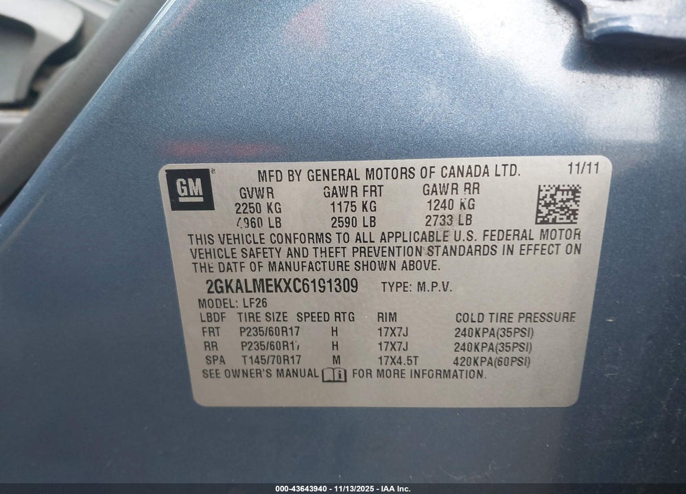 2012 GMC TERRAIN SLE-1 VIN: 2GKALMEKXC6191309