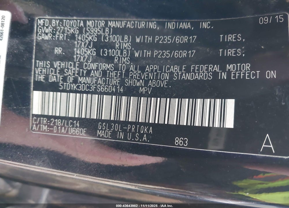 2015 TOYOTA SIENNA XLE LIMITED VIN: 5TDYK3DC3FS660414