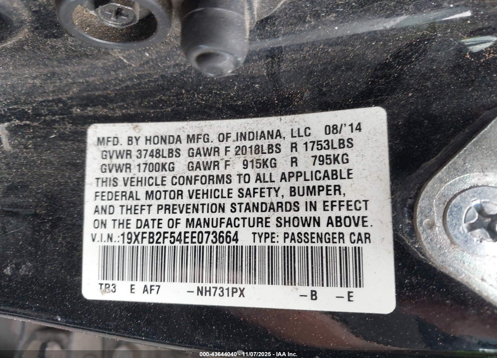 2014 HONDA CIVIC VIN: 19XFB2F54EE073664