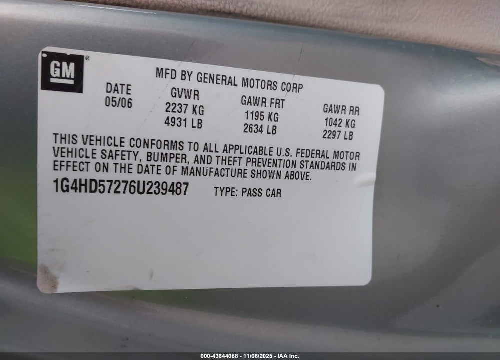 2006 BUICK LUCERNE CXL VIN: 1G4HD57276U239487