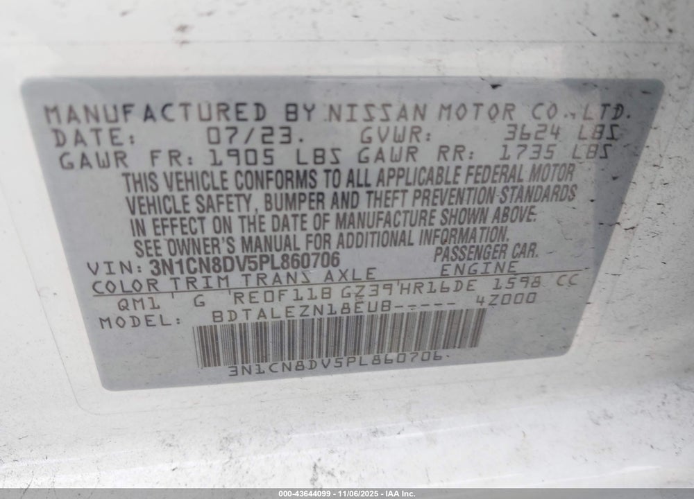 2023 NISSAN VERSA 1.6 S XTRONIC CVT VIN: 3N1CN8DV5PL860706