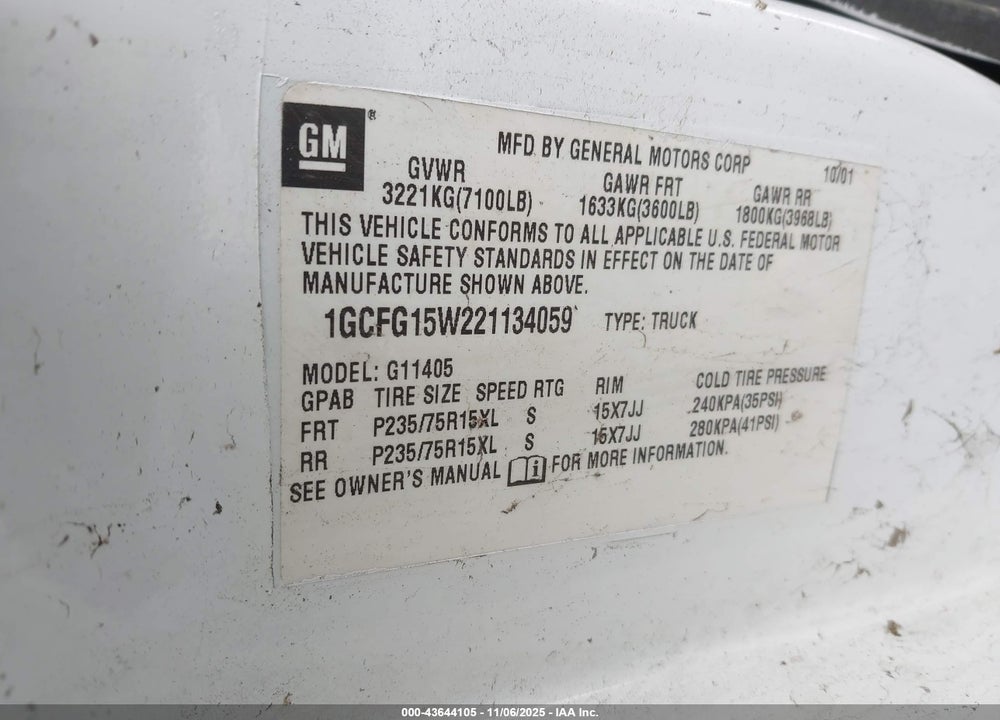 2002 CHEVROLET EXPRESS VIN: 1GCFG15W221134059