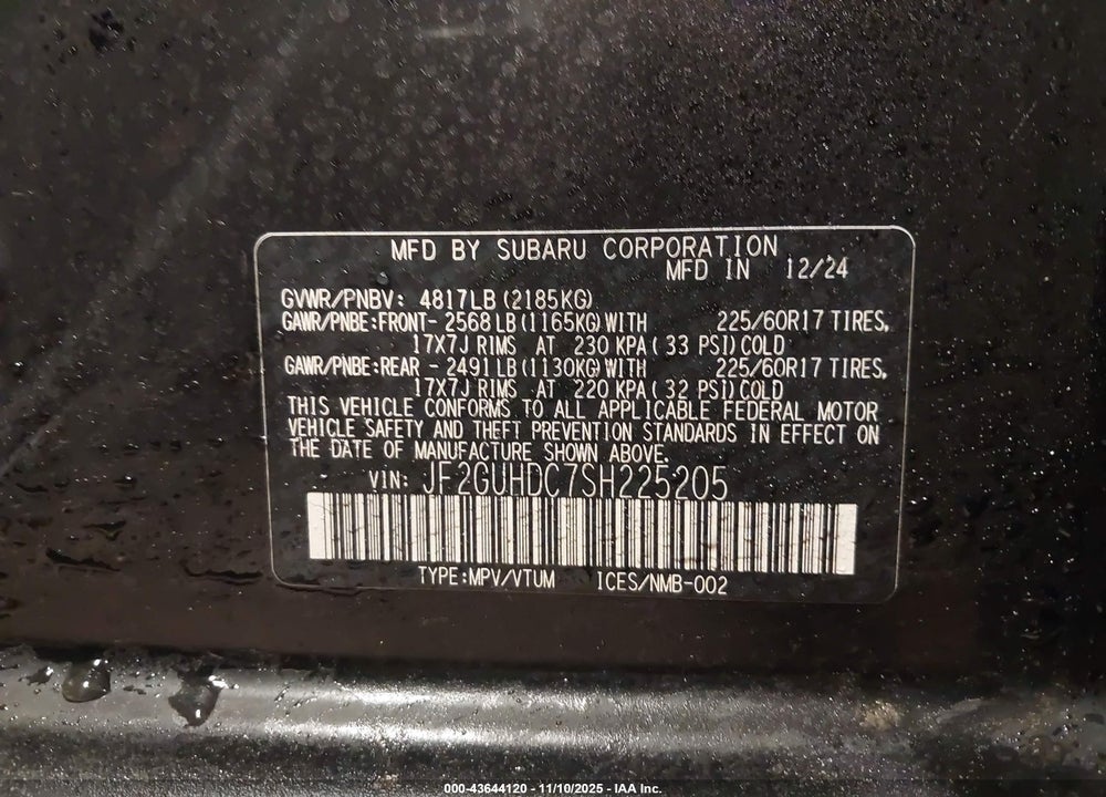 2025 SUBARU CROSSTREK PREMIUM VIN: JF2GUHDC7SH225205