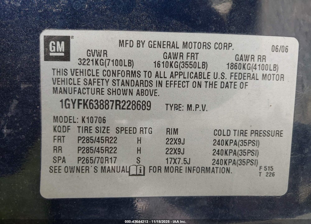 2007 CADILLAC ESCALADE STANDARD VIN: 1GYFK63887R228689