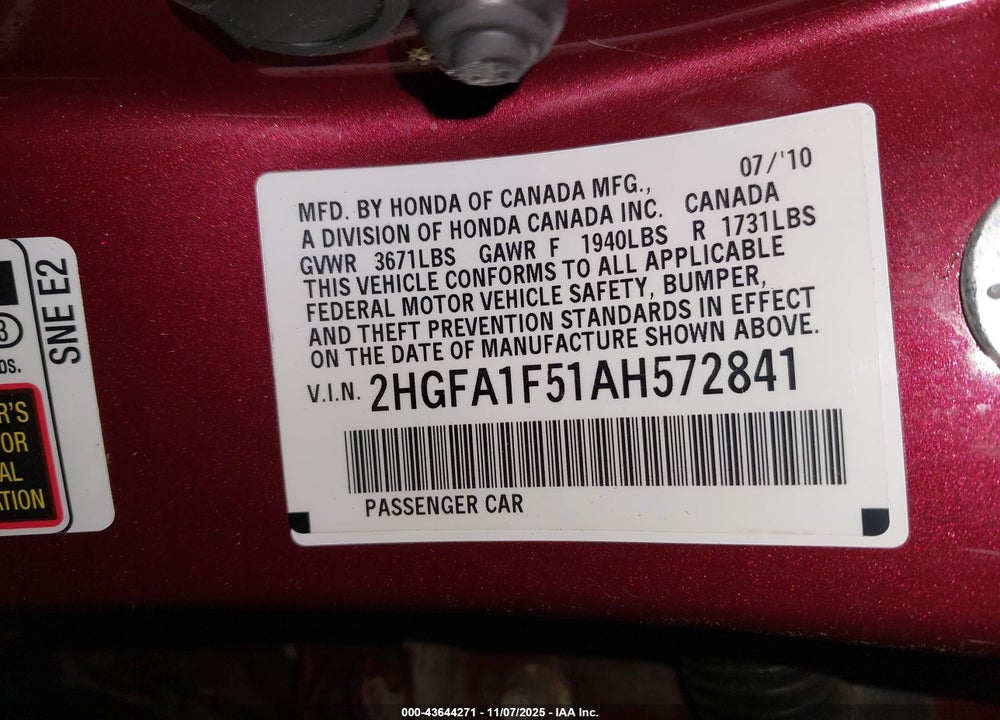 2010 HONDA CIVIC LX VIN: 2HGFA1F51AH572841