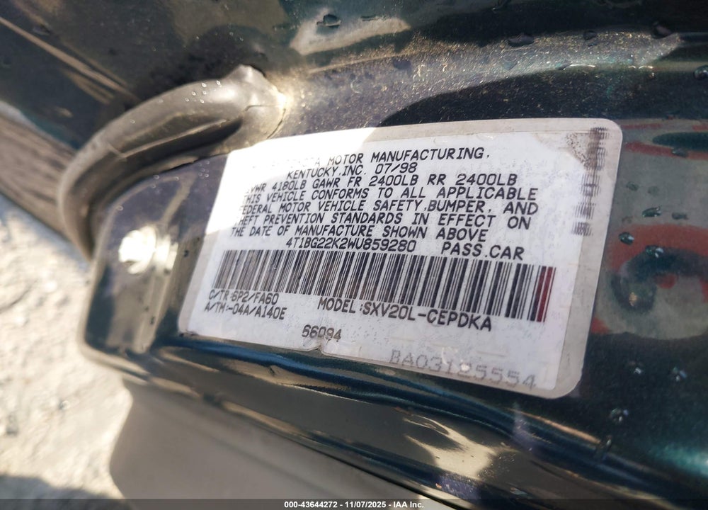 1998 TOYOTA CAMRY VIN: 4T1BG22K2WU859280