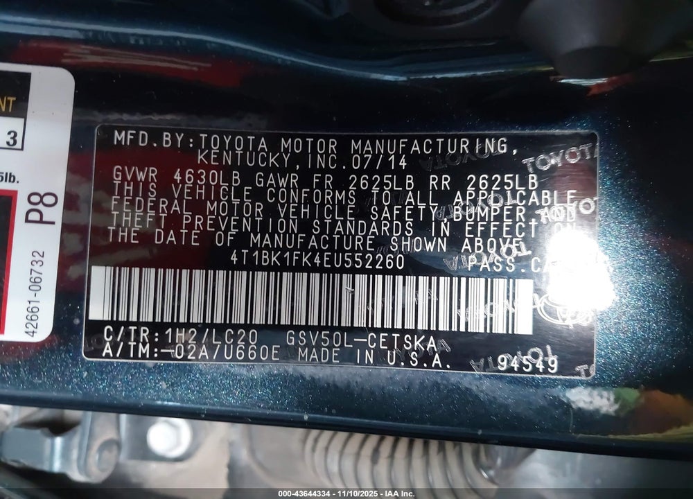 2014 TOYOTA CAMRY SE V6 VIN: 4T1BK1FK4EU552260