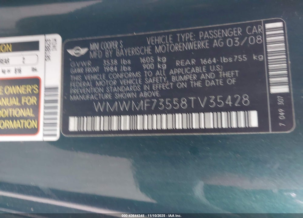 2008 MINI COOPER S VIN: WMWMF73558TV35428
