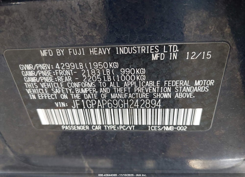 2016 SUBARU IMPREZA 2.0I SPORT PREMIUM VIN: JF1GPAP69GH242894