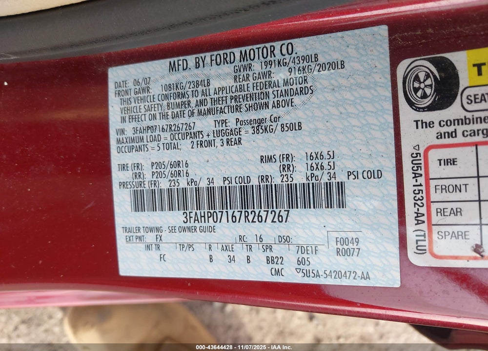 2007 FORD FUSION SE VIN: 3FAHP07167R267267