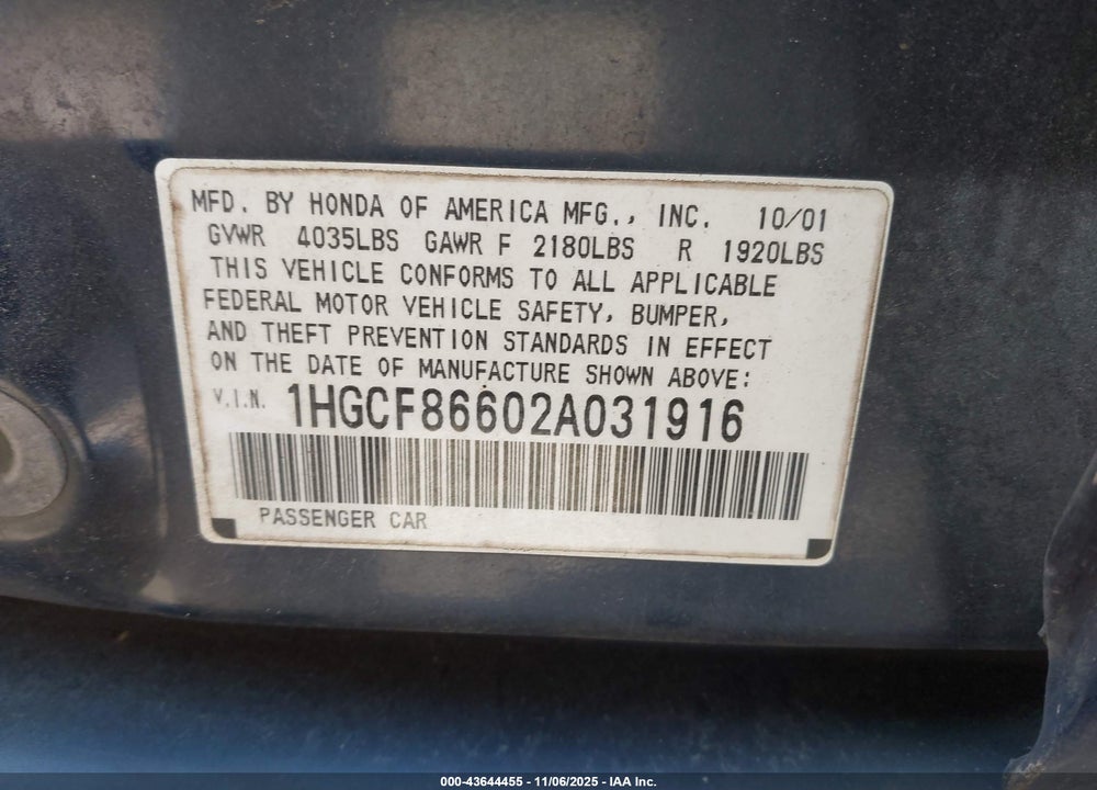2002 HONDA ACCORD 2.3 VP VIN: 1HGCF86602A031916