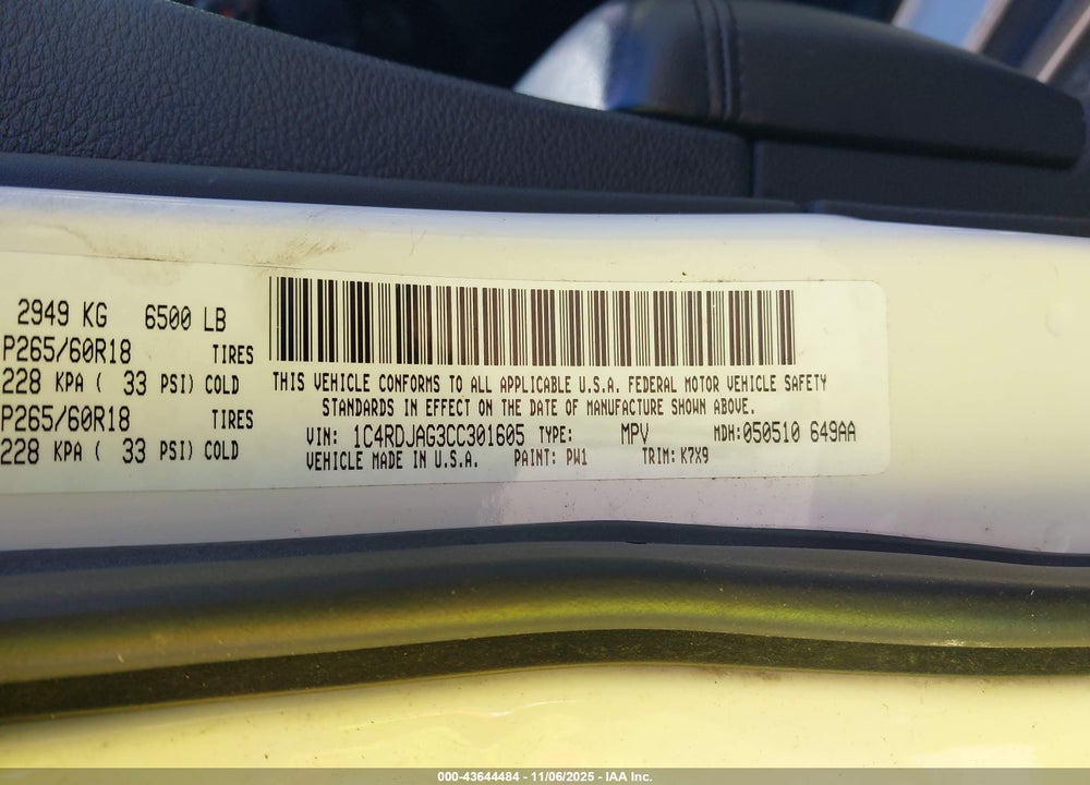 2012 DODGE DURANGO SXT VIN: 1C4RDJAG3CC301605