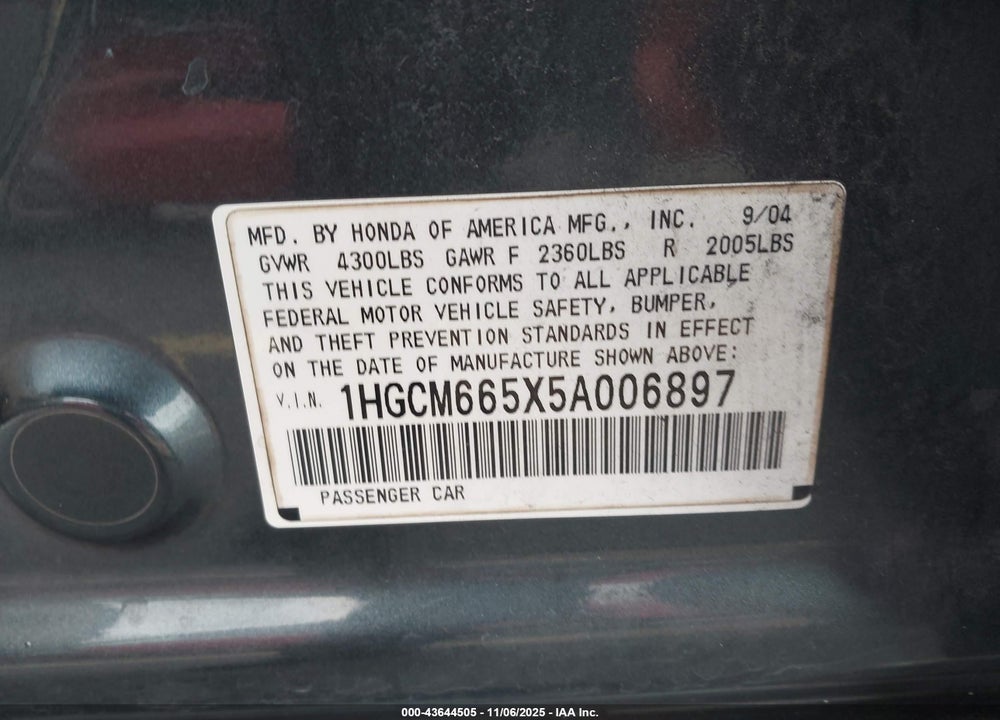 2005 HONDA ACCORD 3.0 EX VIN: 1HGCM665X5A006897