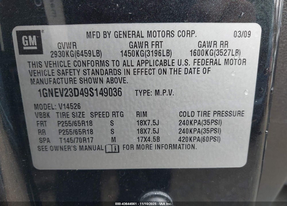 2009 CHEVROLET TRAVERSE LT VIN: 1GNEV23D49S149036