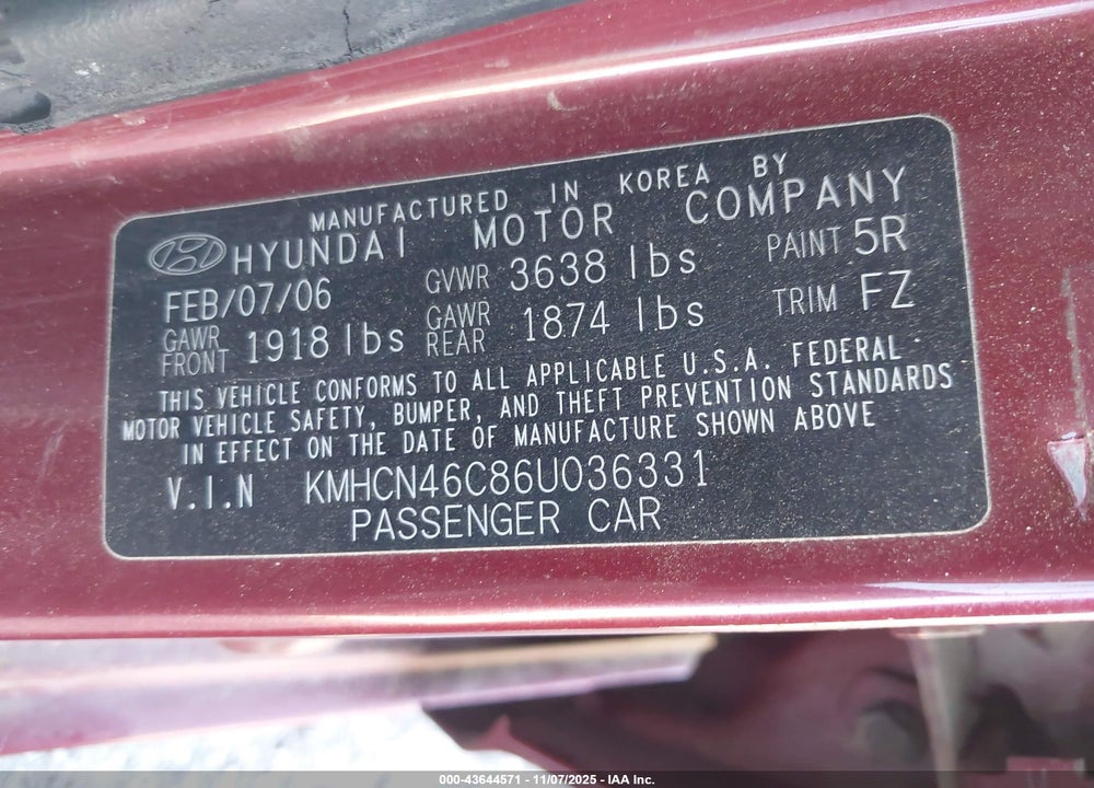 2006 HYUNDAI ACCENT GLS VIN: KMHCN46C86U036331