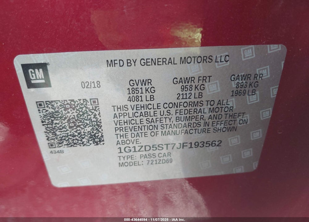 2018 CHEVROLET MALIBU LT VIN: 1G1ZD5ST7JF193562
