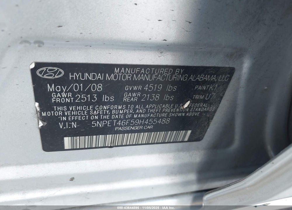2009 HYUNDAI SONATA GLS V6 VIN: 5NPET46F59H455488