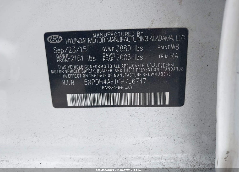 2016 HYUNDAI ELANTRA SE VIN: 5NPDH4AE1GH766747