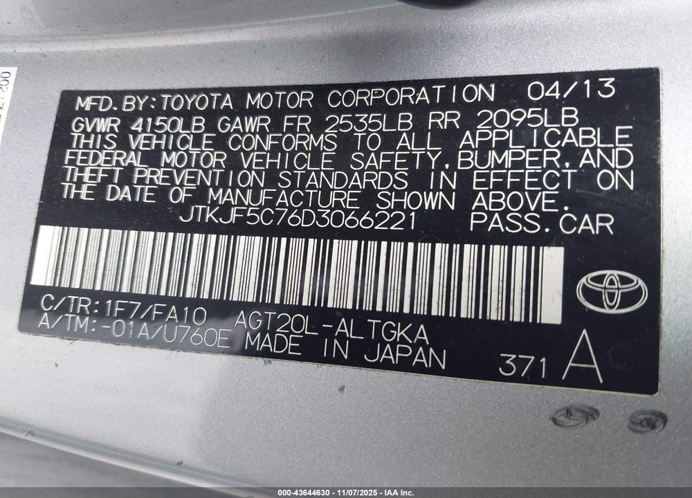 2013 SCION TC VIN: JTKJF5C76D3066221