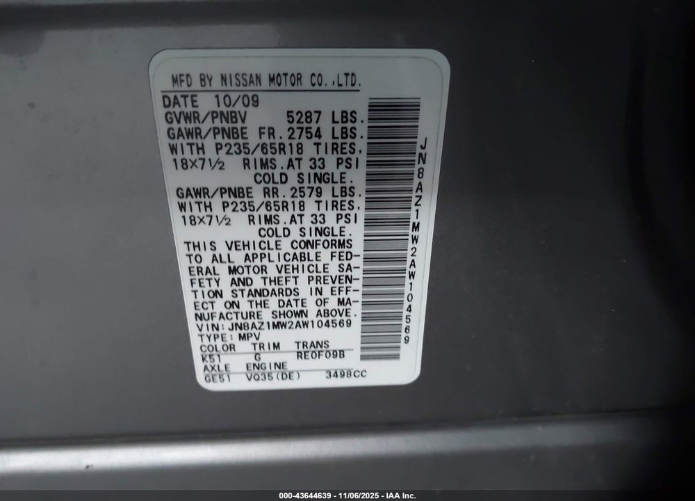 2010 NISSAN MURANO VIN: JN8AZ1MW2AW104569