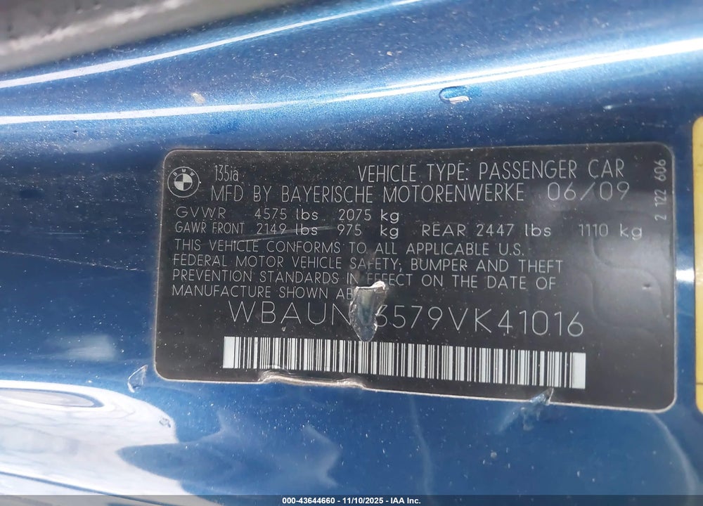 2009 BMW 135I VIN: WBAUN93579VK41016