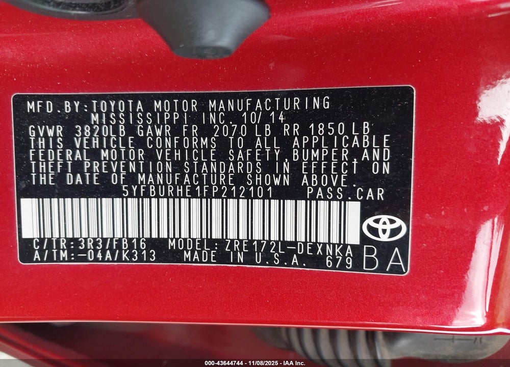 2015 TOYOTA COROLLA LE VIN: 5YFBURHE1FP212101
