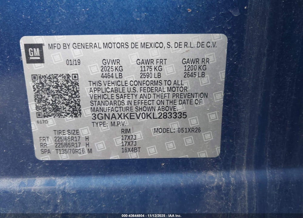 2019 CHEVROLET EQUINOX LT VIN: 3GNAXKEV0KL283335