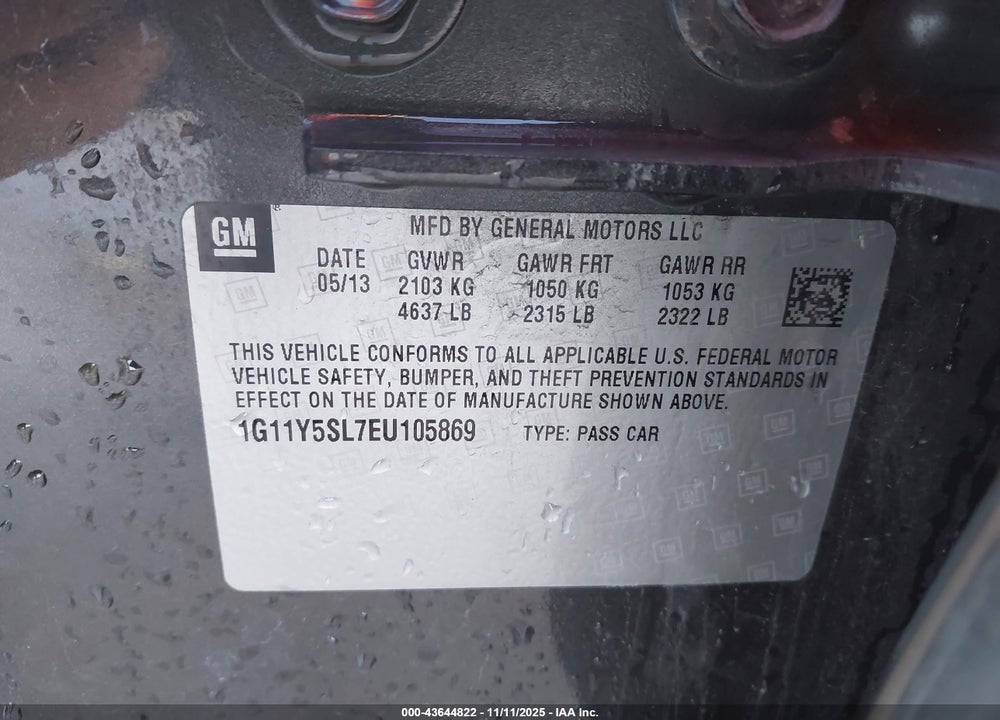 2014 CHEVROLET IMPALA 1LS VIN: 1G11Y5SL7EU105869