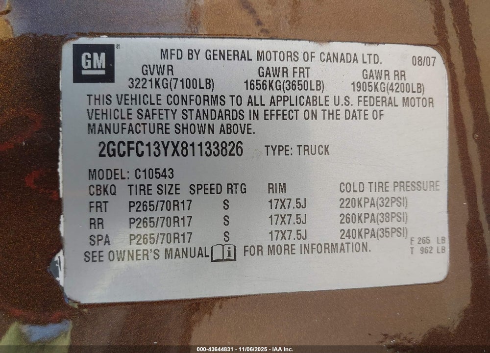 2008 CHEVROLET SILVERADO 1500 LT1 VIN: 2GCFC13YX81133826