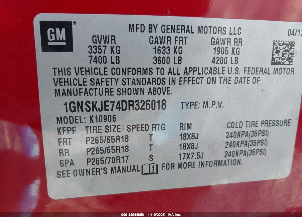 2013 CHEVROLET SUBURBAN 1500 VIN: 1GNSKJE74DR326018