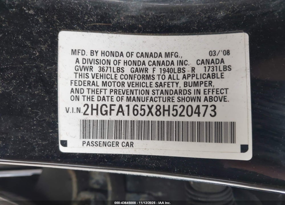 2008 HONDA CIVIC LX VIN: 2HGFA165X8H520473