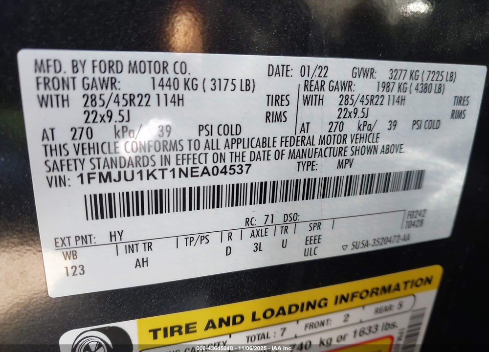 2022 FORD EXPEDITION LIMITED VIN: 1FMJU1KT1NEA04537