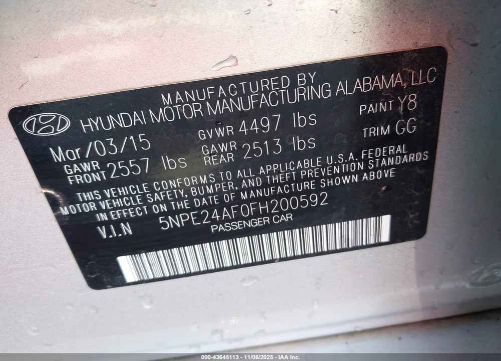 2015 HYUNDAI SONATA SE VIN: 5NPE24AF0FH200592