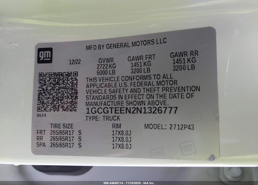 2022 CHEVROLET COLORADO 4WD SHORT BOX ZR2 VIN: 1GCGTEEN2N1326777