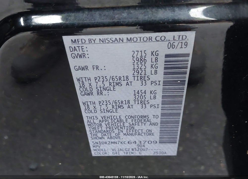 2019 NISSAN PATHFINDER VIN: 5N1DR2MN7KC643709