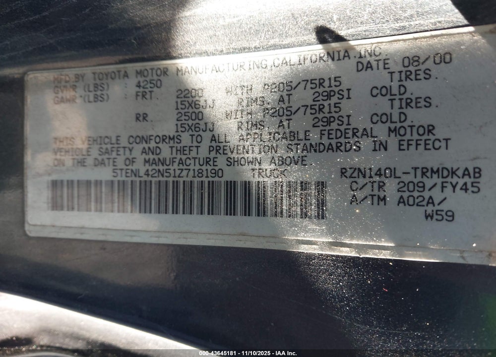 2001 TOYOTA TACOMA VIN: 5TENL42N51Z718190