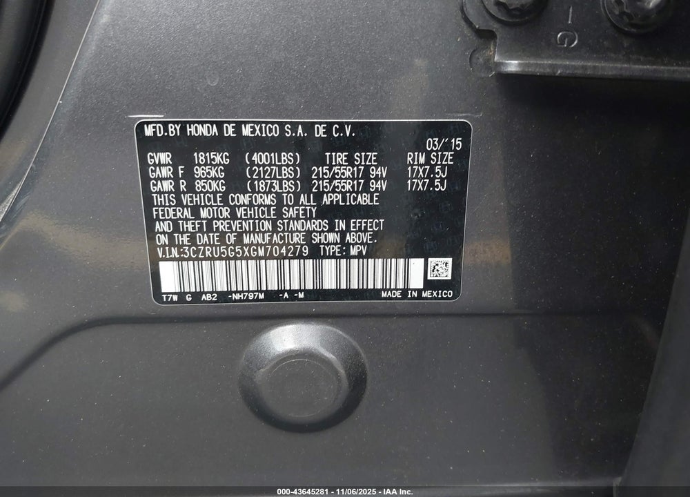 2016 HONDA HR-V EX VIN: 3CZRU5G5XGM704279