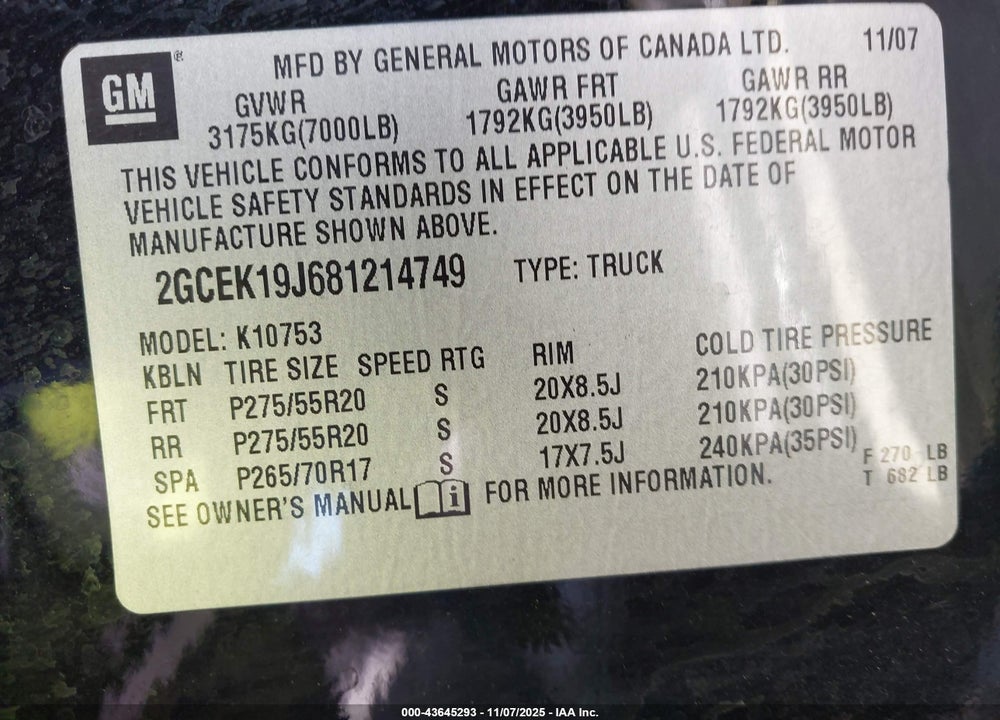 2008 CHEVROLET SILVERADO 1500 LTZ VIN: 2GCEK19J681214749