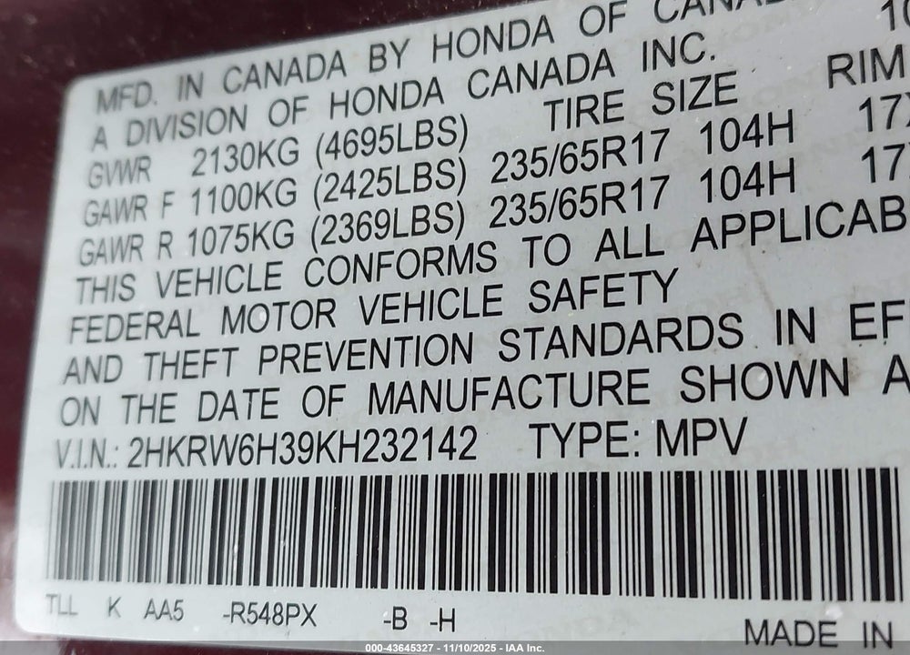 2019 HONDA CR-V VIN: 2HKRW6H39KH232142