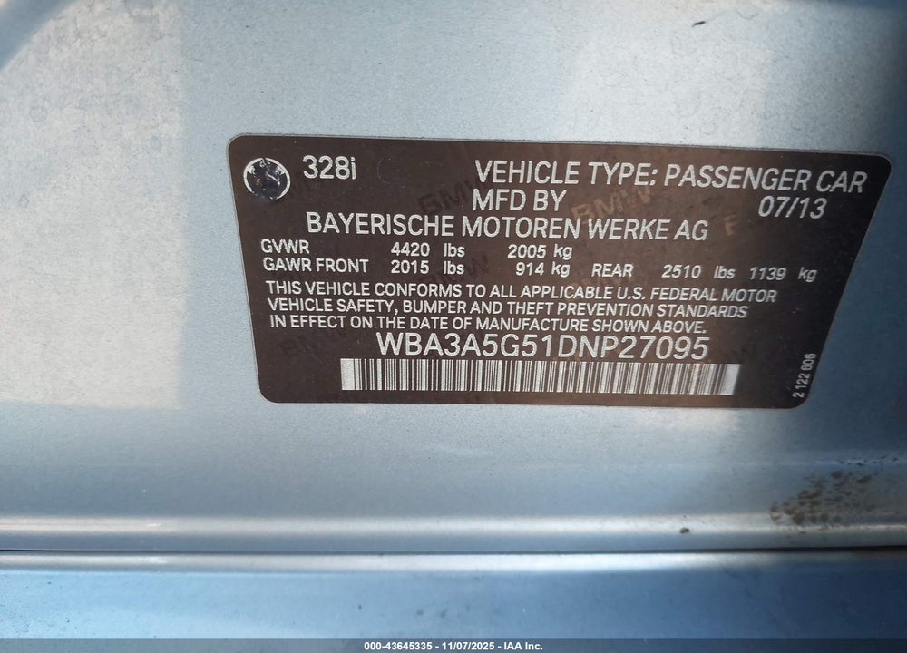 2013 BMW 328I VIN: WBA3A5G51DNP27095