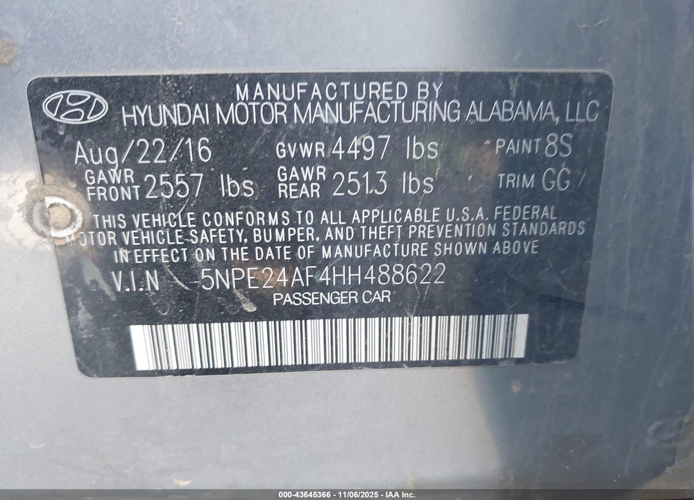 2017 HYUNDAI SONATA VIN: 5NPE24AF4HH488622