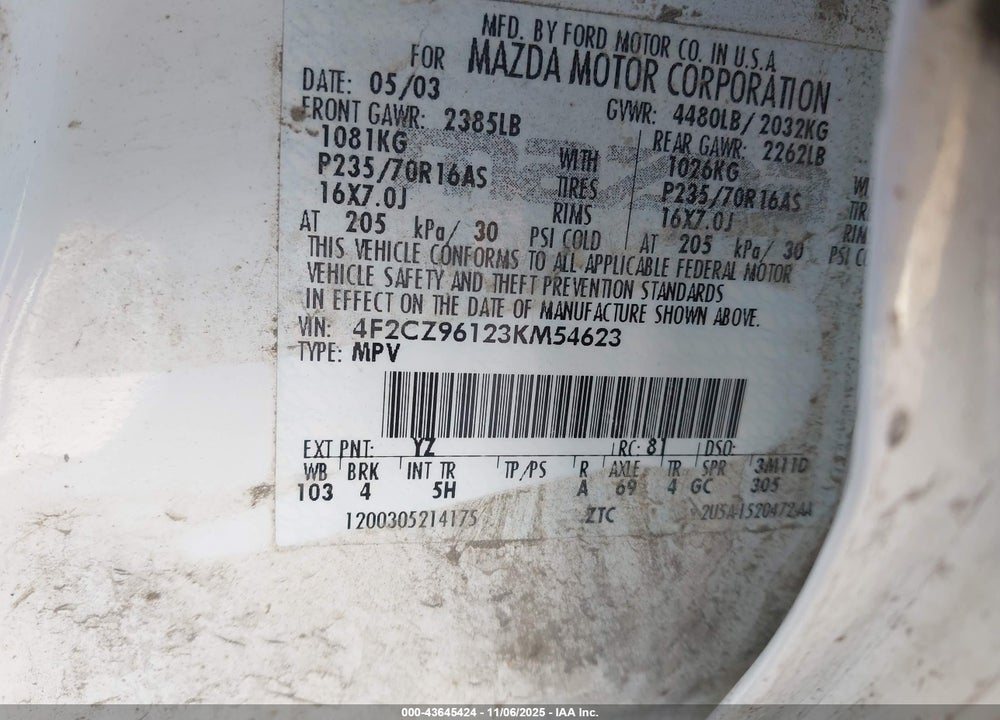 2003 MAZDA TRIBUTE ES V6 VIN: 4F2CZ96123KM54623