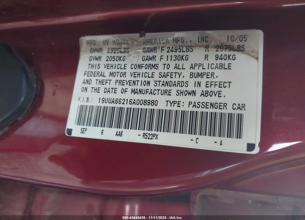 2006 ACURA TL VIN: 19UUA66216A008980
