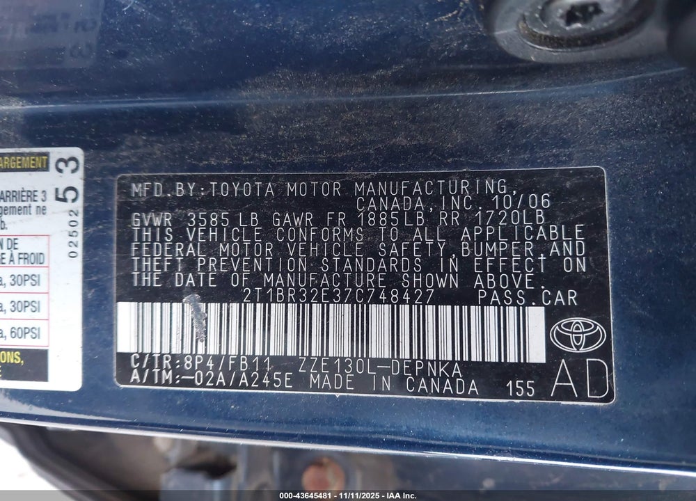 2007 TOYOTA COROLLA LE VIN: 2T1BR32E37C748427