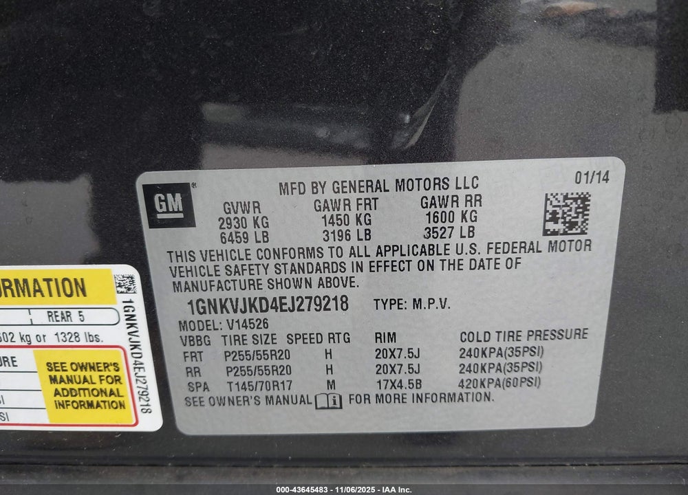 2014 CHEVROLET TRAVERSE LTZ VIN: 1GNKVJKD4EJ279218