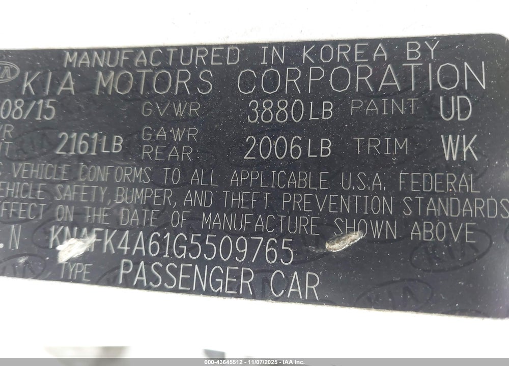 2016 KIA FORTE LX VIN: KNAFK4A61G5509765
