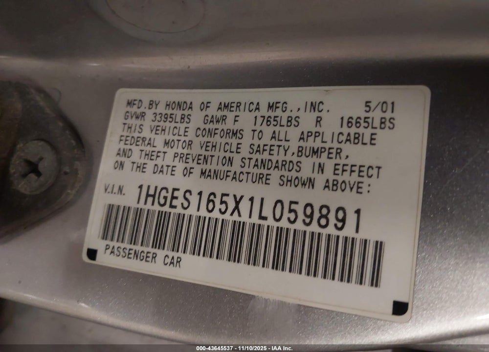 2001 HONDA CIVIC LX VIN: 1HGES165X1L059891