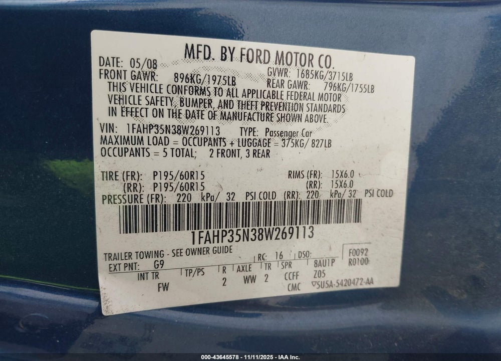 2008 FORD FOCUS VIN: 1FAHP35N38W269113